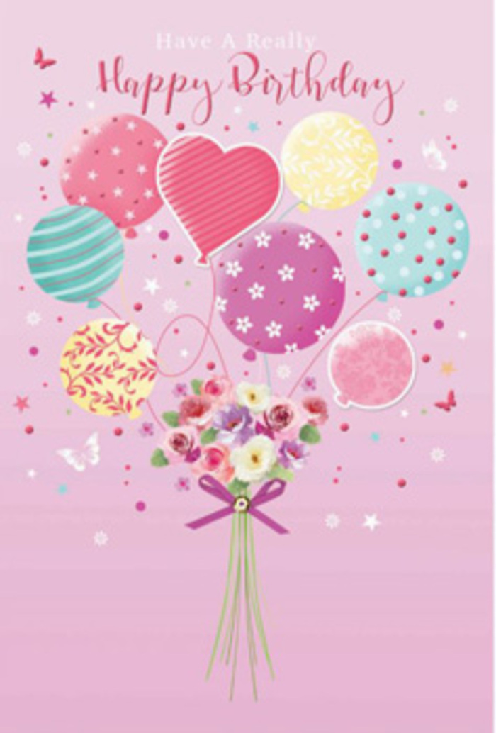 Softly whimsical birthday artwork featuring a pastel balloon bouquet rising from a cluster of flowers, captured with the sensitivity of a local Highbury florist describing it to a friend. The scene unfolds on a warm pink background, reminiscent of a quiet evening sky above the cafés and terraces near Highbury Corner. At the bottom, a compact hand-tied bouquet rests with quiet confidence: petite roses and daisy-like flowers cuddle together in tones of creamy white, blush pink, and muted mauve. Their petals are drawn with layered shading, suggesting velvety softness and the subtle curves of real blooms freshly arranged in a neighbourhood flower studio. A violet bow secures the stems, its satin loops slightly domed, with trailing ends that curl gently like ribbon trimmed for a birthday gift. From this base, an airy cluster of balloons floats upward, as if gently carrying the bouquet toward the treetops of Highbury Fields. The balloons are painted in pastel shades-sea green, lemon, fuchsia, lavender, and rose-each one unique, decorated with candy-coloured stripes, playful dots, floral sprigs, and swirling lines. A heart-shaped balloon glows near the centre, radiating a tender, affectionate energy. Soft highlights glide across the balloon surfaces and petal edges, giving the illustration depth and a sense of gentle motion. Sprinkled throughout are tiny stars and fluttering butterflies, like daydreams caught on the breeze. The whole composition feels like a captured moment of light-hearted celebration, an artistic echo of the joy that comes with receiving birthday flowers and balloons delivered in and around Highbury's lively streets.