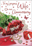 This anniversary card illustration is composed like a tender love vignette, reminiscent of a carefully arranged scene on a Highbury bedside table. The focal point is a posy of crimson roses, their petals richly layered and slightly curled at the edges, forming plush, velvety spirals of deep red. The flowers seem almost to emerge from the card, surrounded by soft greenery and feathery fronds that bring a touch of natural grace, as if freshly gathered from a garden walk near Highbury Fields. Resting around the roses are intimate keepsakes: a neat scarlet jewellery box cinched with a ribbon, its surface smooth and gleaming, and a golden necklace shaped into intertwined hearts, gently looping across the background. Scattered heart-shaped confetti and tiny sparkling gems add a festive, celebratory shimmer, catching the light like tiny stars. The card's message appears in a fluid, handwritten-style script, winding through the composition with the same ease as a spoken declaration of love. The lighting is soft and warm, highlighting the depth of the rose petals and the subtle lustre of the jewellery, while keeping the overall mood calm and inviting. The entire scene feels deeply personal and romantic, like an anniversary surprise prepared for someone special in a Highbury flat just off Holloway Road, offering a quiet tribute to years of shared laughter, challenges, and unwavering commitment. Each element seems chosen to echo the enduring story of two people who continue to choose each other, year after year.