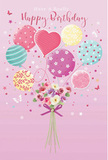 Charming birthday card illustration where pastel balloons and a bouquet of flowers come together in a light, floating celebration that feels perfectly at home in Highbury. The backdrop is a smooth, blush-pink field, calming and sweet, which allows the colours of the design to glow softly, as if lit by diffused daylight on a cloudy afternoon over Highbury Fields. At the base of the composition, a small hand-tied bouquet gathers roses and anemone-like blossoms, their petals layered and feathery in hues of ivory, blush, and gentle mauve. The flowers are nestled tightly, giving the sense of a freshly arranged posy from a nearby flower shop off Blackstock Road. A violet satin bow secures the stems, its sheen catching highlights that make it look luxuriously smooth to the touch. From this bouquet springs an array of balloons rising in a graceful curve. Each balloon is a different pastel shade-soft pinks, sea greens, pale yellows, lavenders-and each bears its own pattern: twirling stripes, playful polka dots, scattered blossoms, and delicate swirls. A heart-shaped balloon sits near the centre, conveying warmth and birthday affection. The balloons appear gently reflective, their round forms almost three-dimensional. Around them, tiny stars and butterflies drift lazily, like confetti and small paper cut-outs moving on a light breeze. The image feels joyful yet soothing, like a heartfelt birthday surprise delivered to a friend's flat near Highbury Barn. It quietly celebrates the magic of flowers and balloons working together to make someone's special day feel unforgettable.